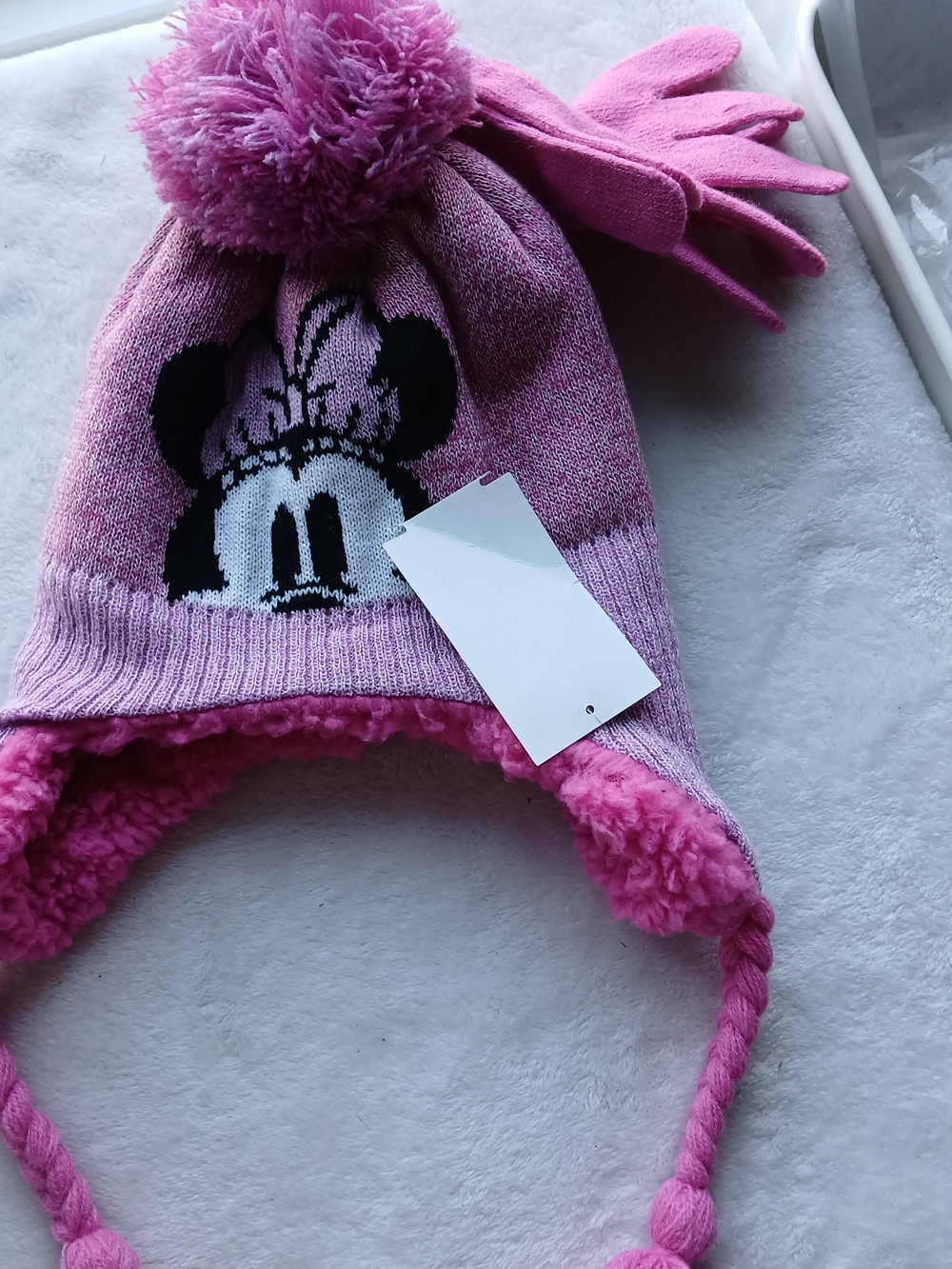 Disney Minnie Mouse Knit Pom Pom Hat + Matching Gloves NWT [OS Kids]